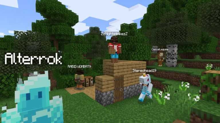 Minecraft: Player characters gather around a small house among trees and flowers.