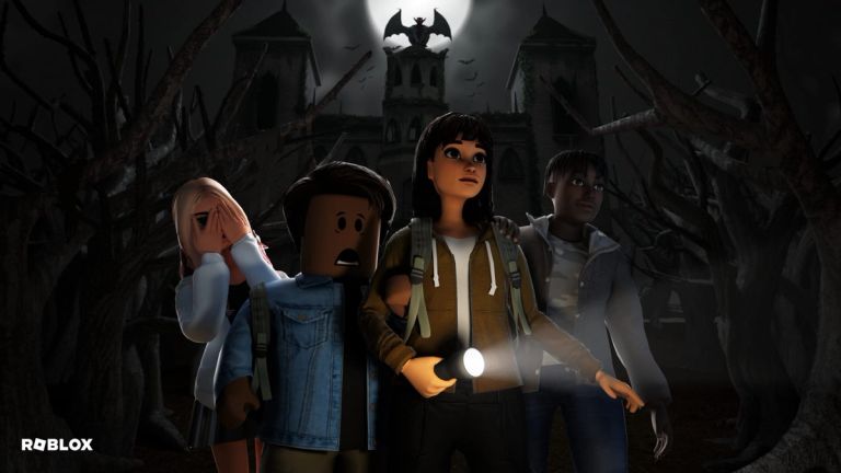 Roblox characters stand among bare trees before a dark castle beneath a full moon.
