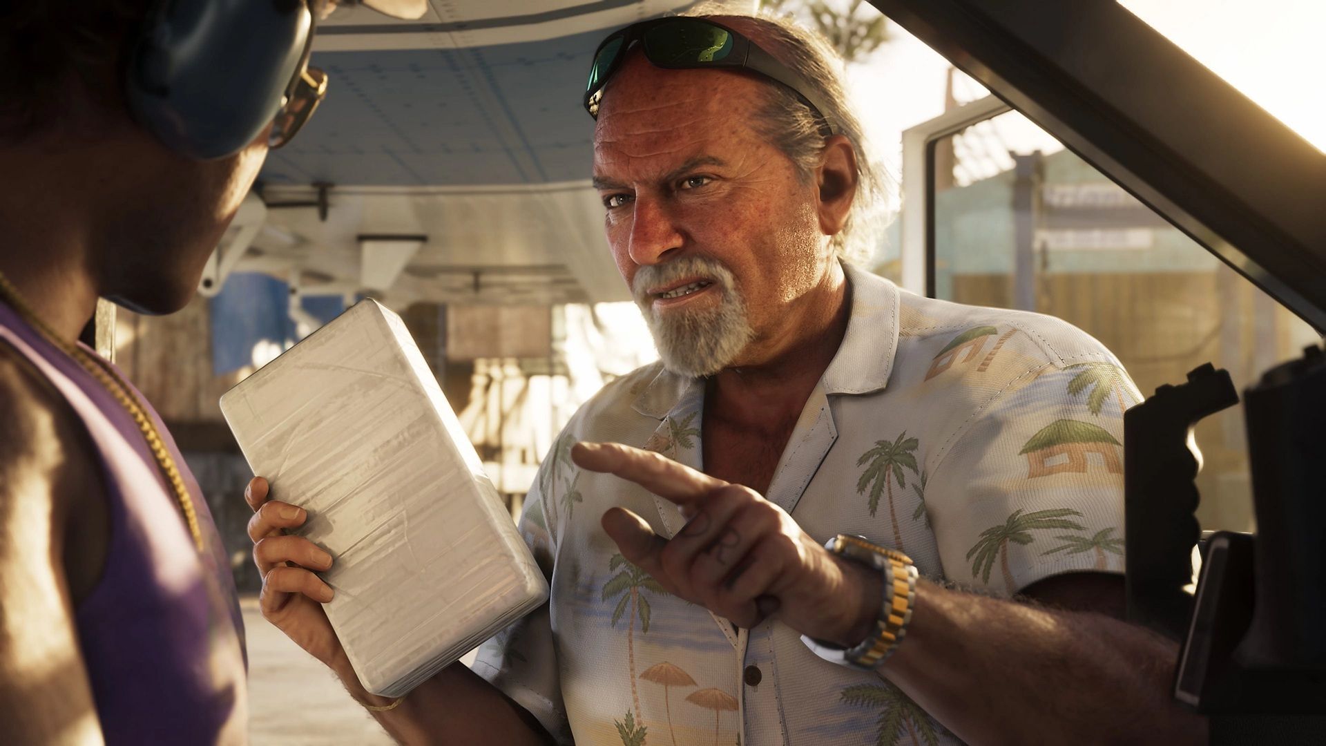 A man holding some papers and angrily pointing at another character in Grand Theft Auto 6