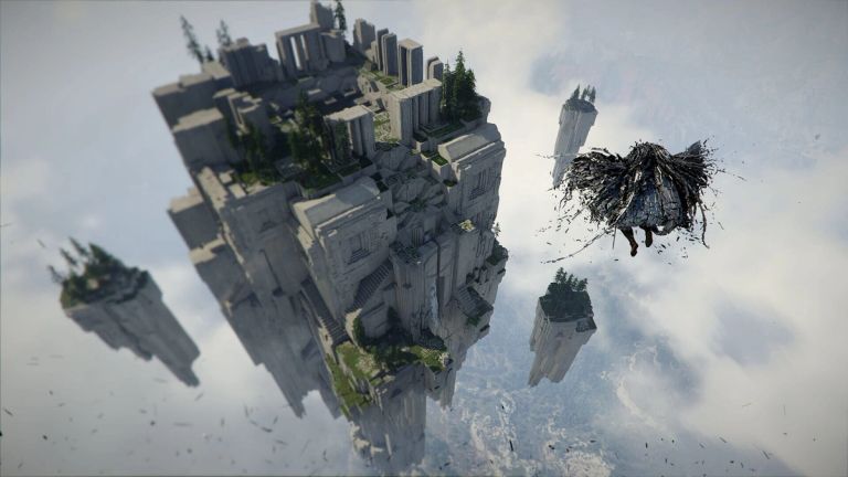 Crimson Desert: A figure floats beside a massive stone fortress suspended among clouds.