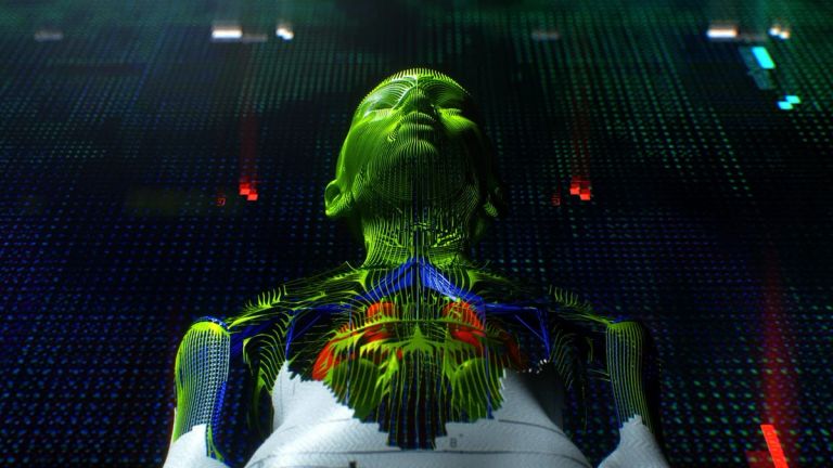 Marathon: A seated figure in white appears beneath a glowing green wireframe against a digital grid.