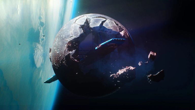 Marathon: A damaged spherical structure and debris float in space beside a blue planet.