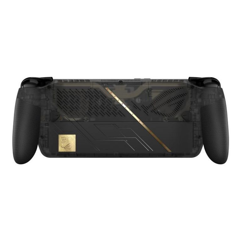 ASUS ROG Xbox Ally X20, rear view with translucent chassis and gold accent strip