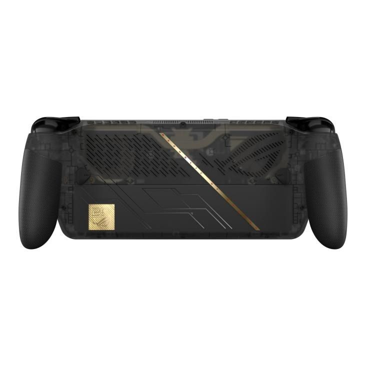 ASUS ROG Xbox Ally X20, rear view with translucent chassis and gold accent strip