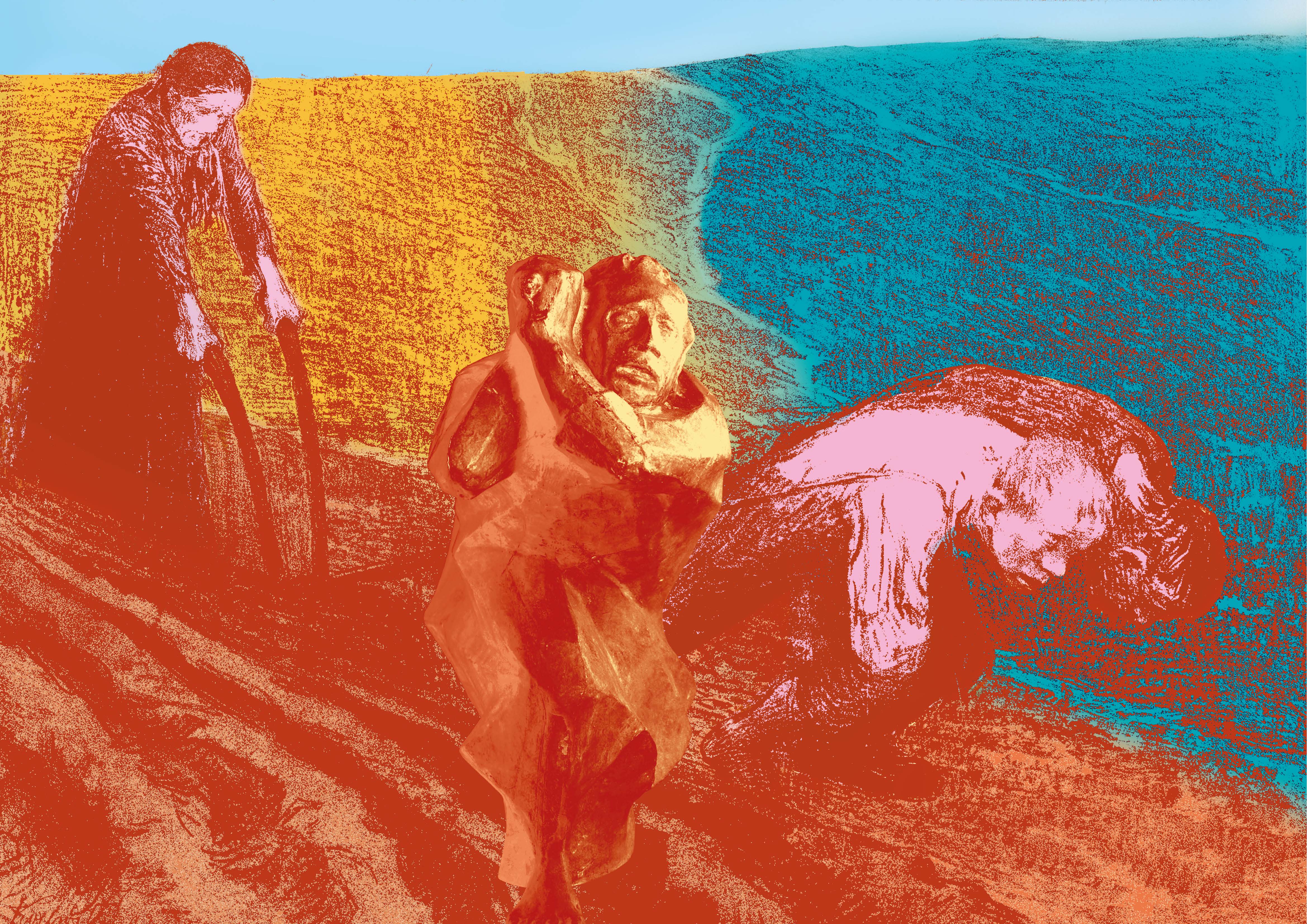 Collage aus: Flugzieher & Frau von Käthe Kollwitz und Rächer von Ernst Barlach 