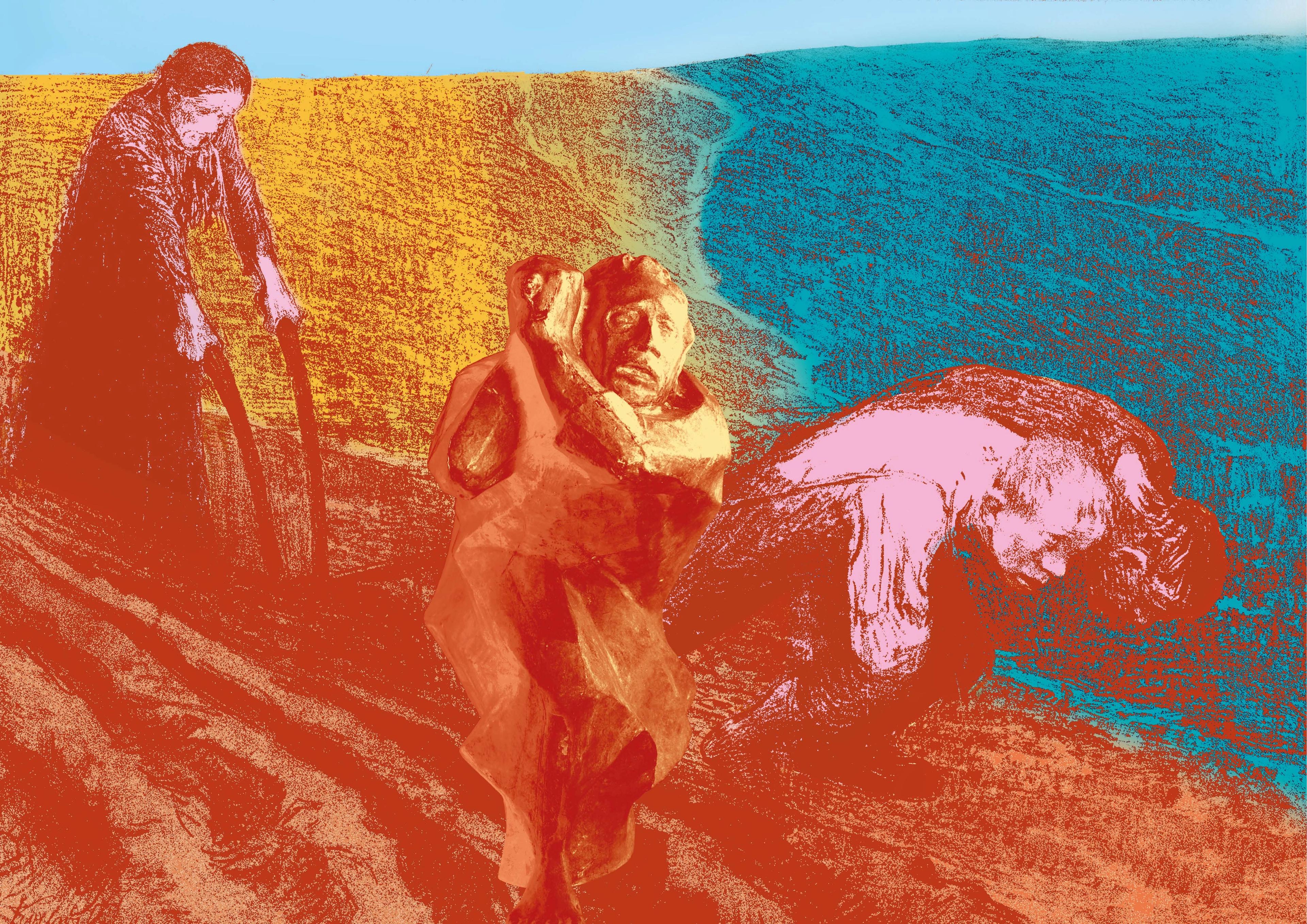 Collage aus: Flugzieher & Frau von Käthe Kollwitz und Rächer von Ernst Barlach