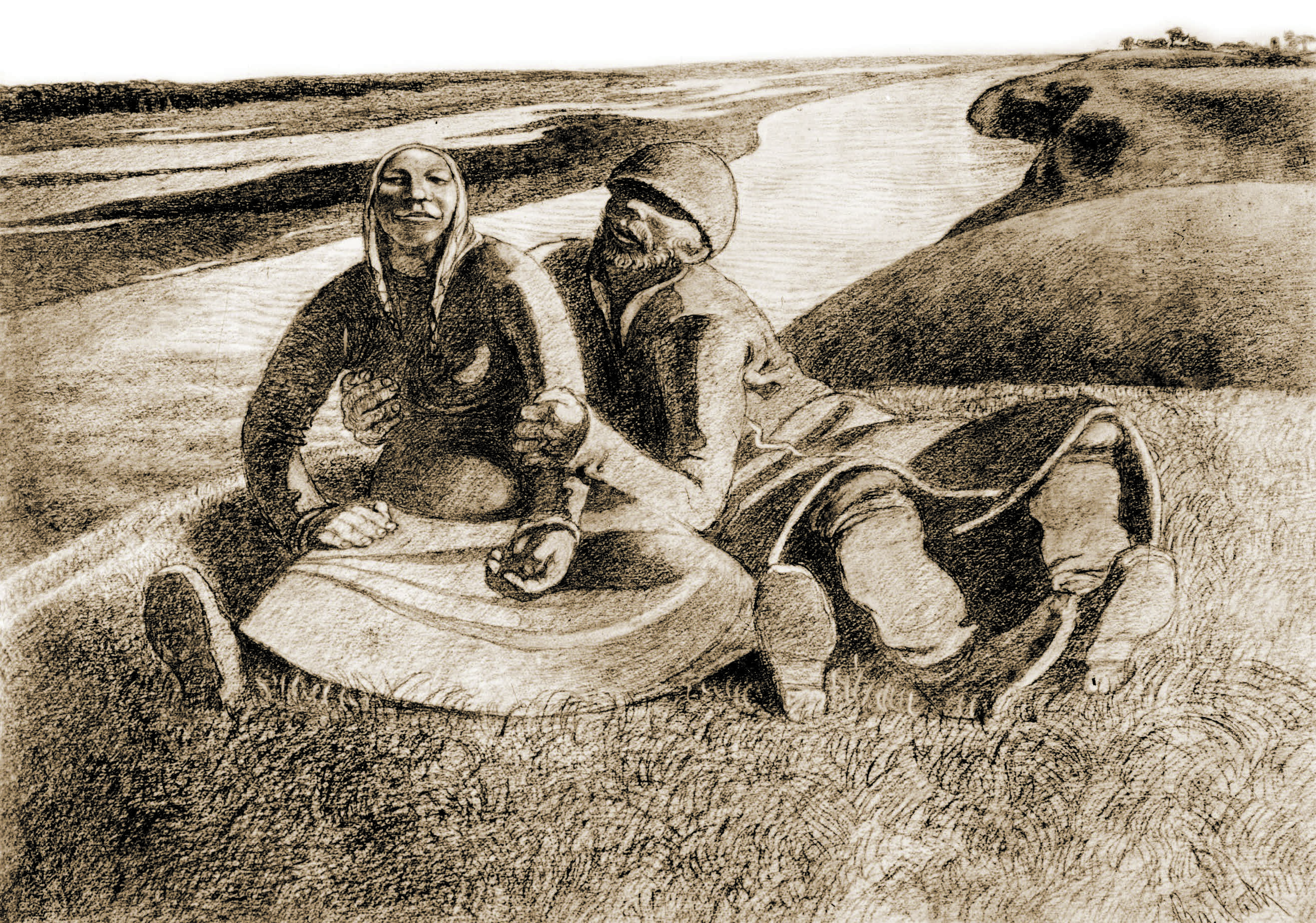 Zeichnung eines russischen Bauernpaares auf einer Wiese am Fluss sitzend