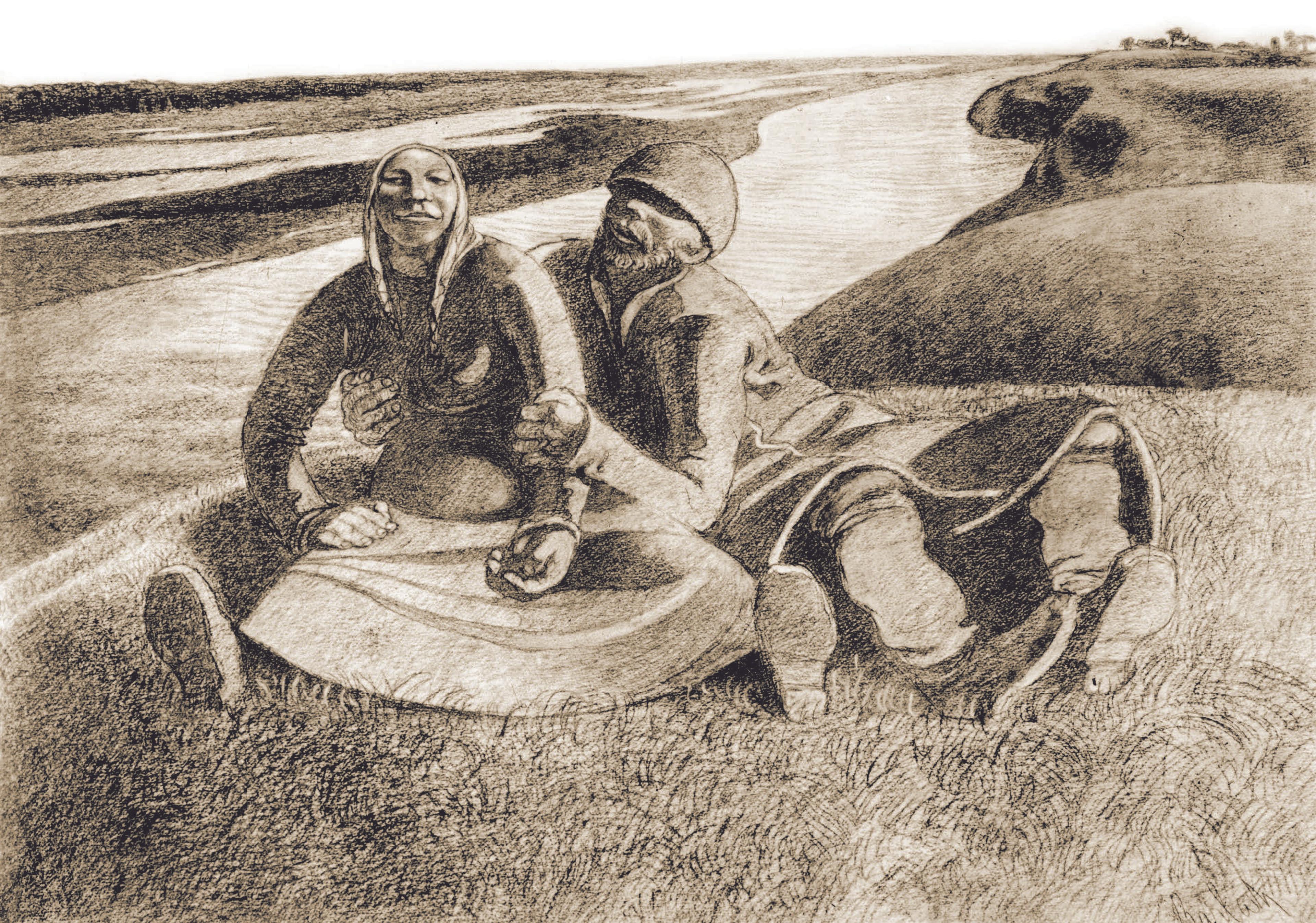 Zeichnung eines russischen Bauernpaares auf einer Wiese am Fluss sitzend