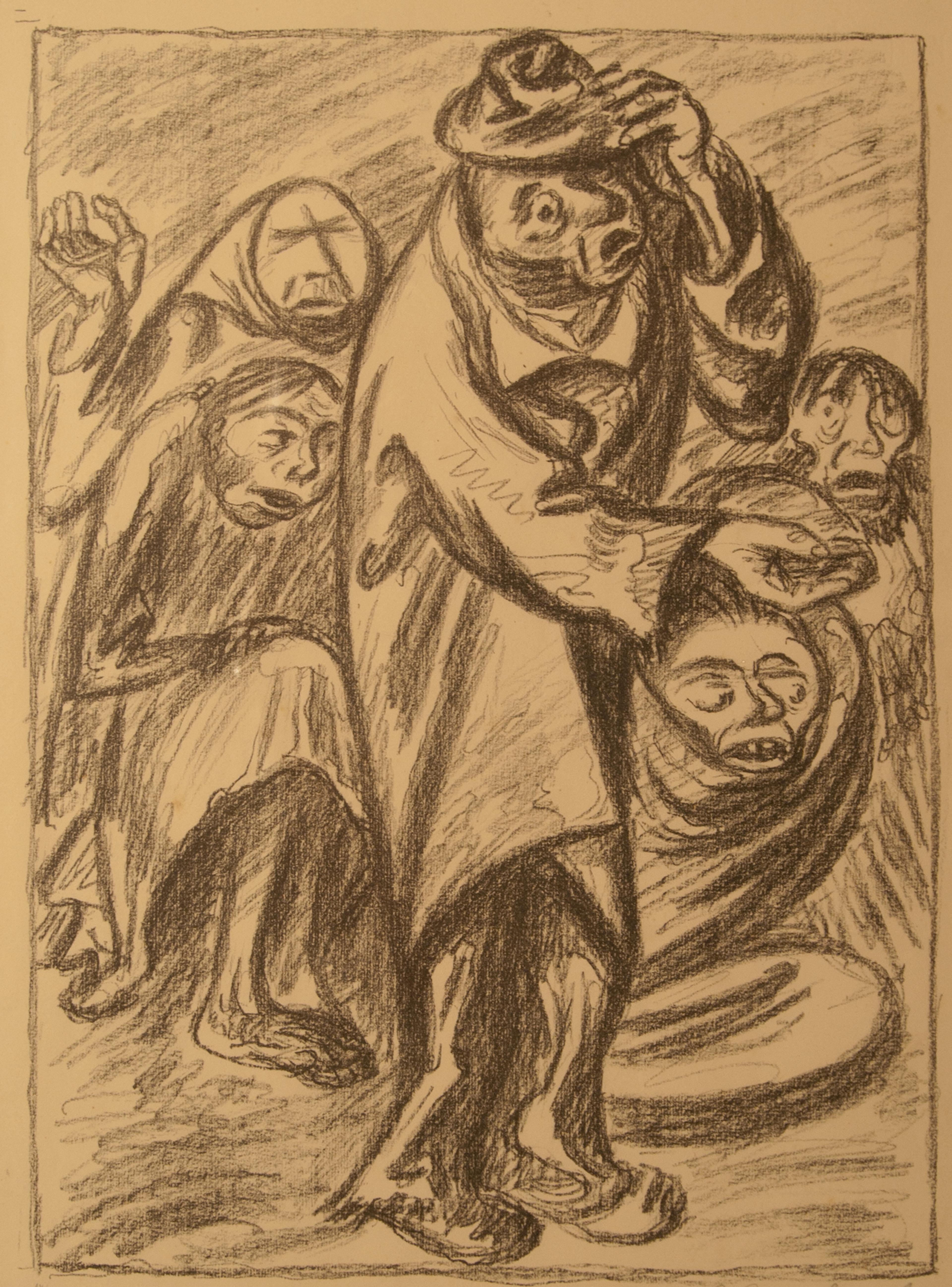 Ein bettelnder Mann im Vordergrund und weitere bettelnde Menschen