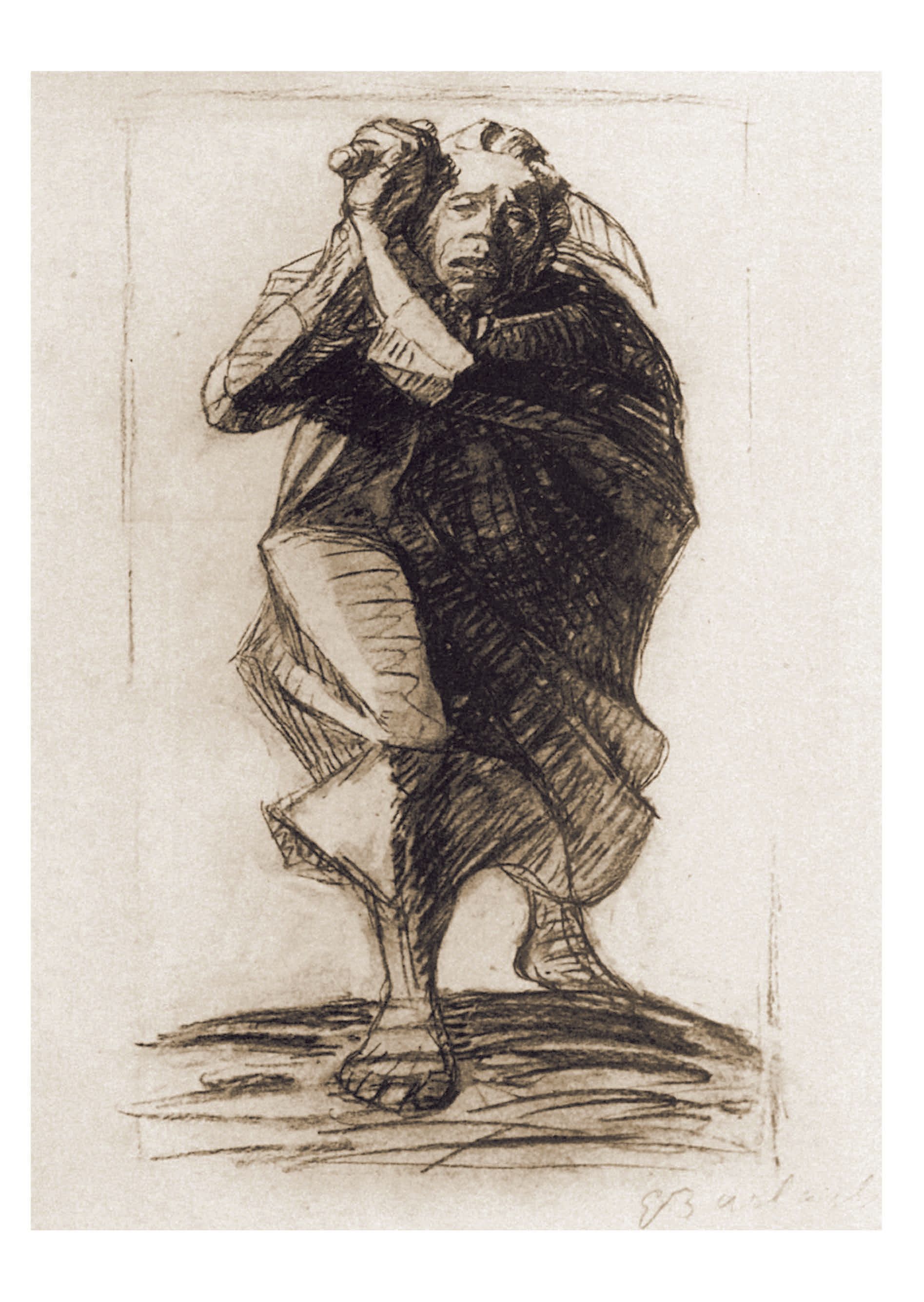 Ernst Barlach, Der heilige Krieg, Kohle, 1914. Frontalblick auf männliche Figur, die nach vorne stürmend ein Schwert über der Schulter trägt