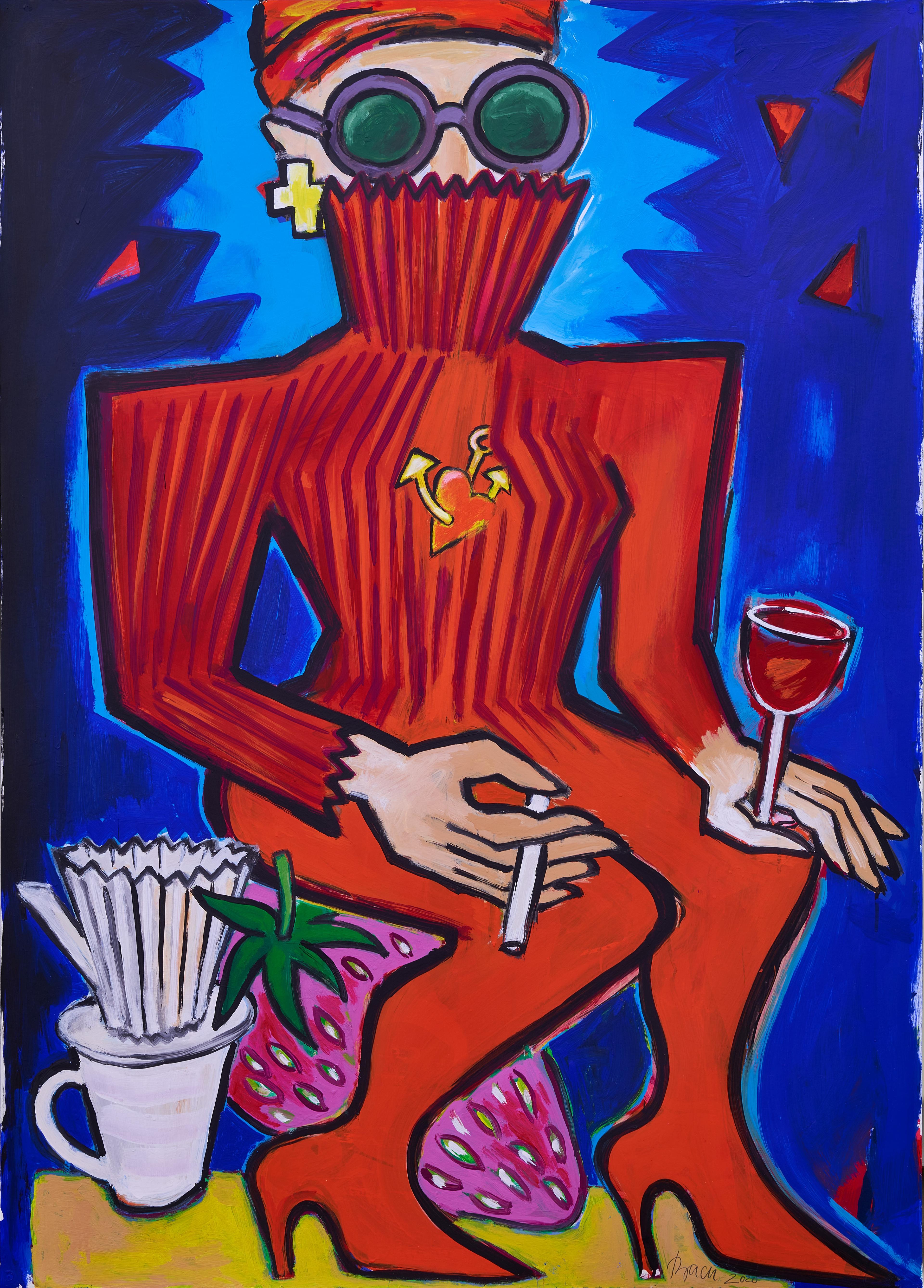 Sitzende Frau im roten Kleid mit Weinglas und Zigarette