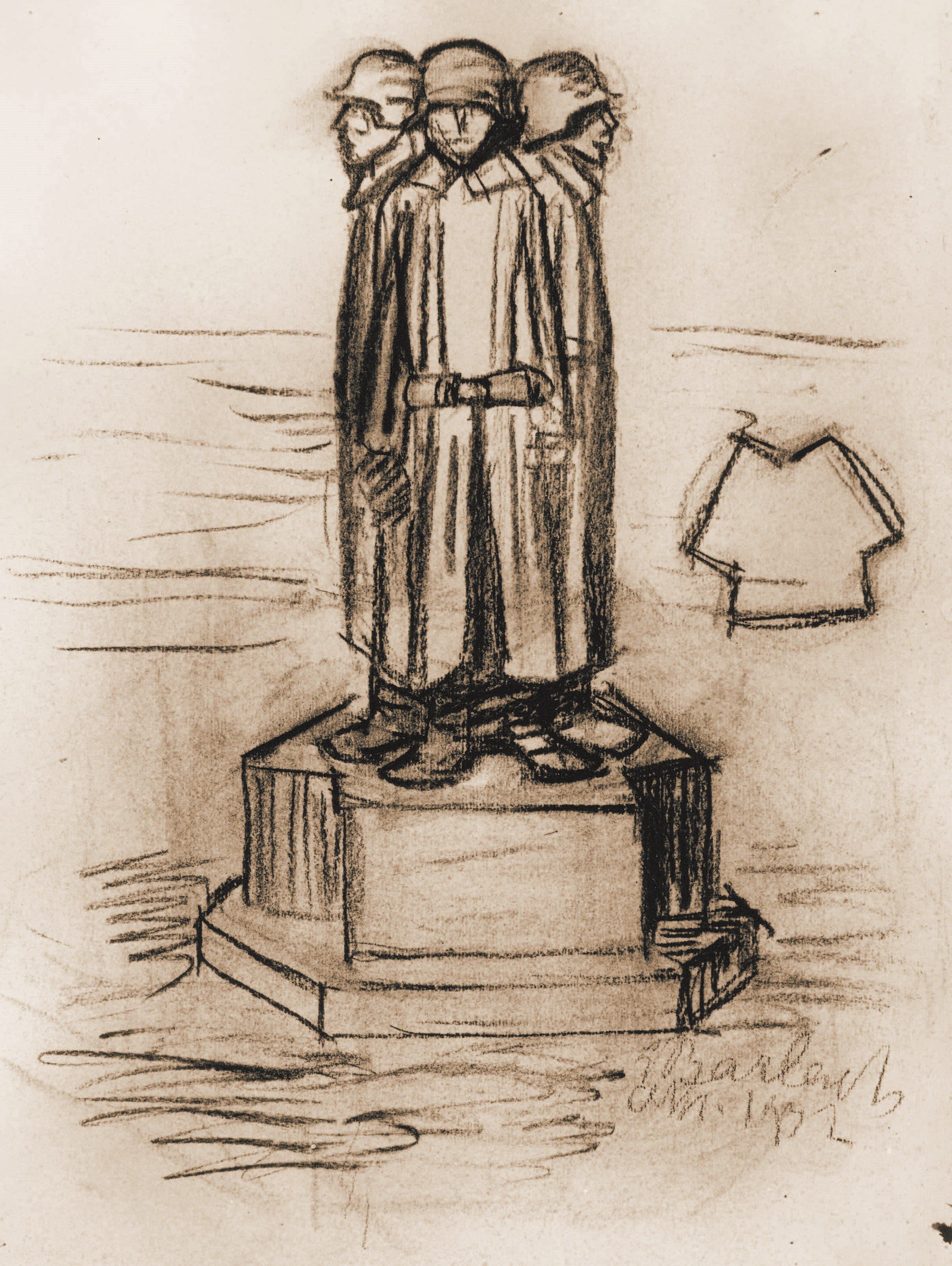 Skizze einer Gruppe aus drei Soldaten Rücken an Rücken