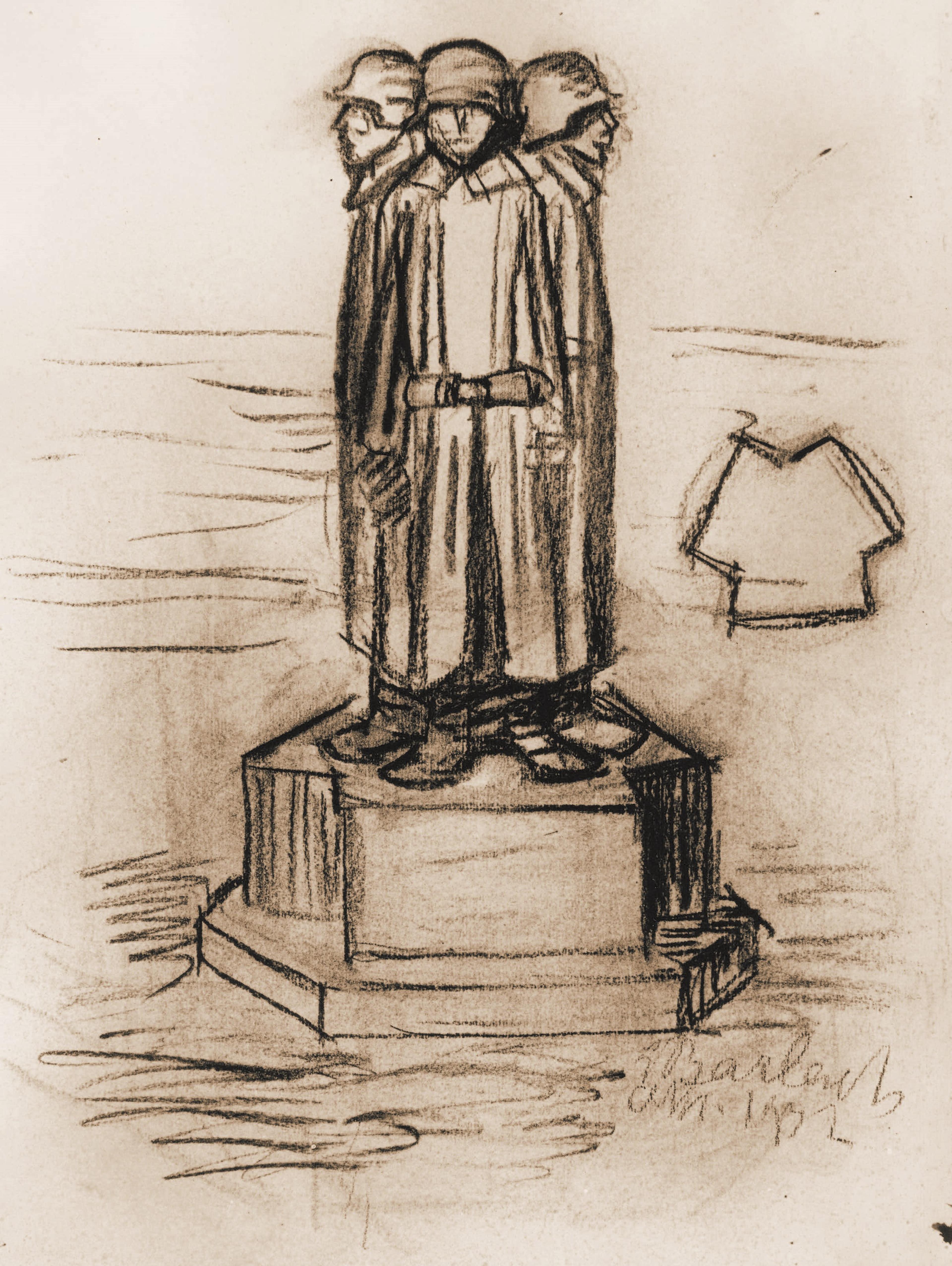 Skizze einer Gruppe aus drei Soldaten Rücken an Rücken