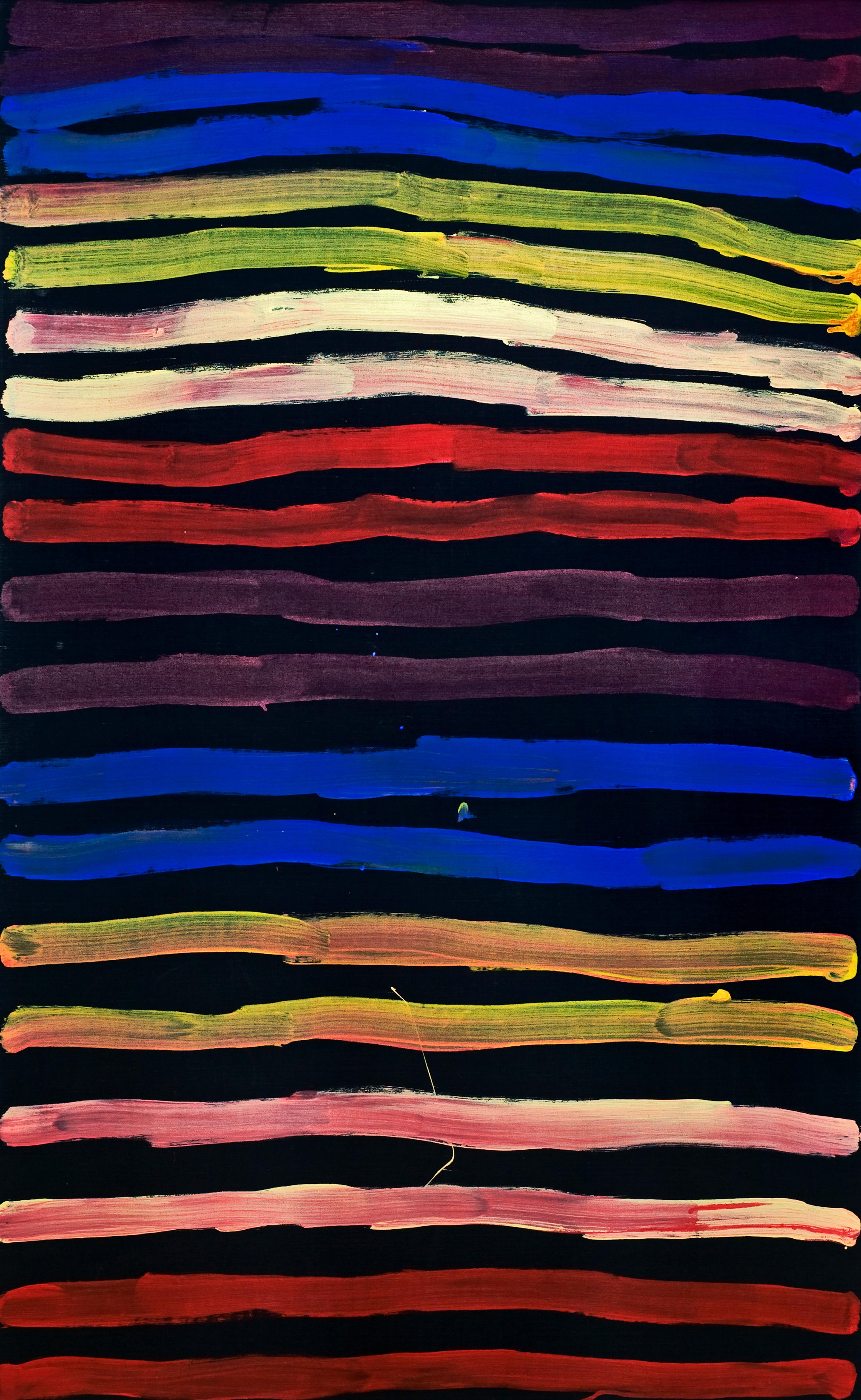 Gemälde mit 20 farbigen horizontalen Linien auf dunklem Hintergrund