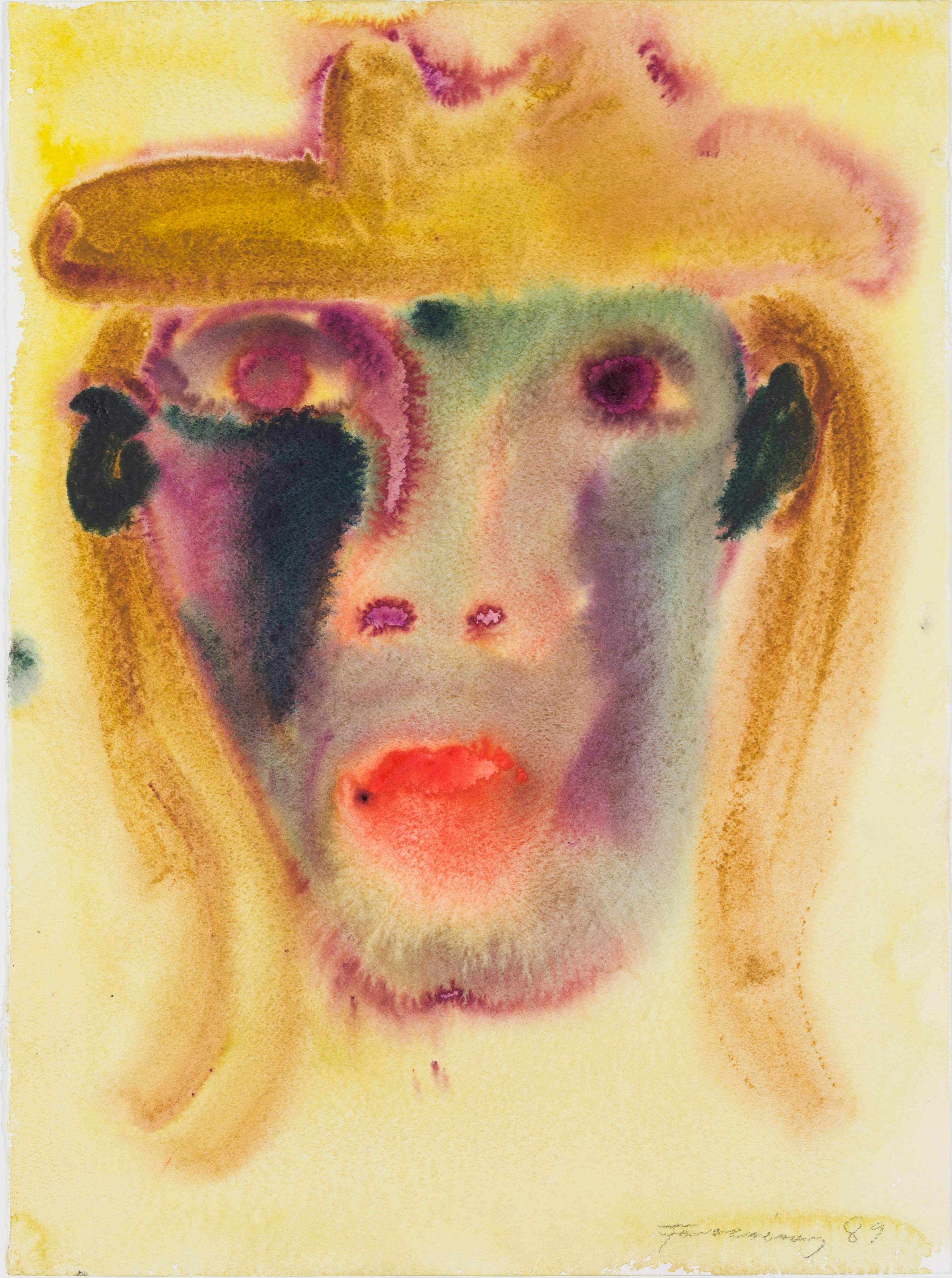 Darstellung eines Kopfes mit gelbem Hut in leicht zerlaufenen Farben