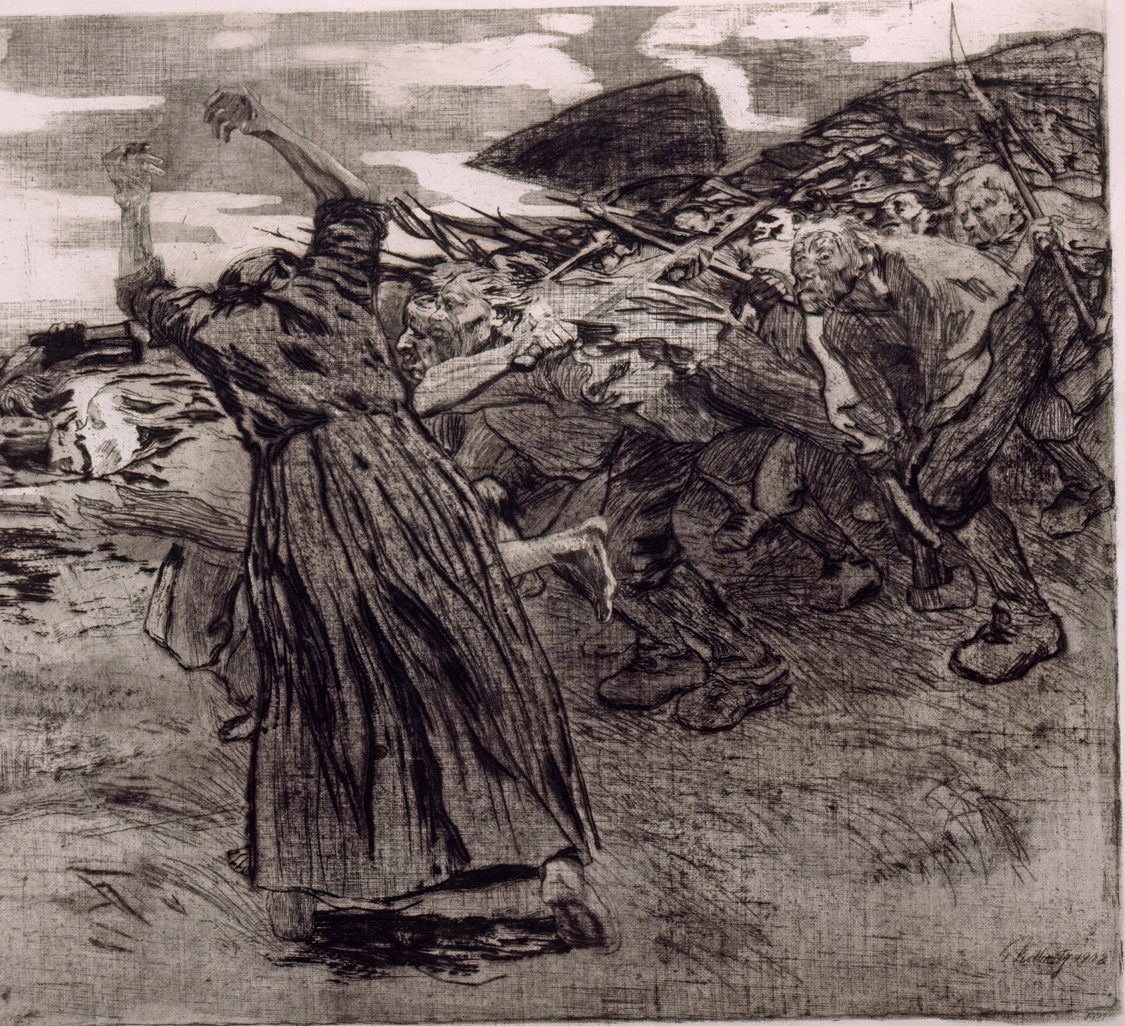 Radierung und Aquatinta von Käthe Kollwitz, Losbruch, 1903