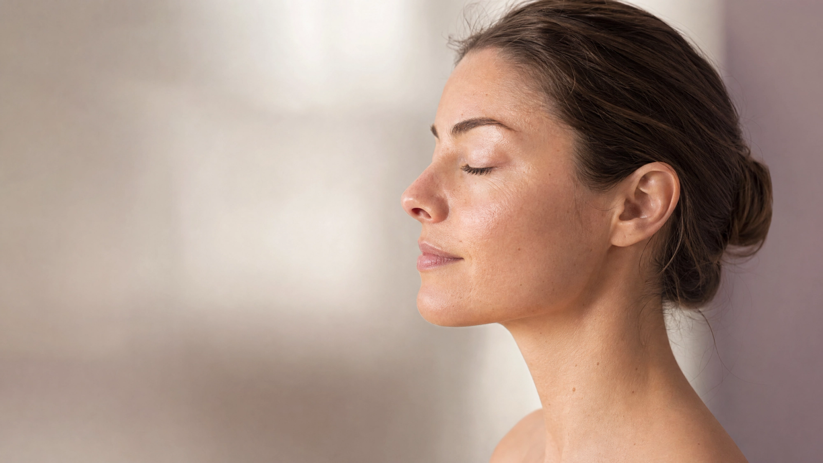 A woman with natural, healthy skin in soft window light, relaxed and confident