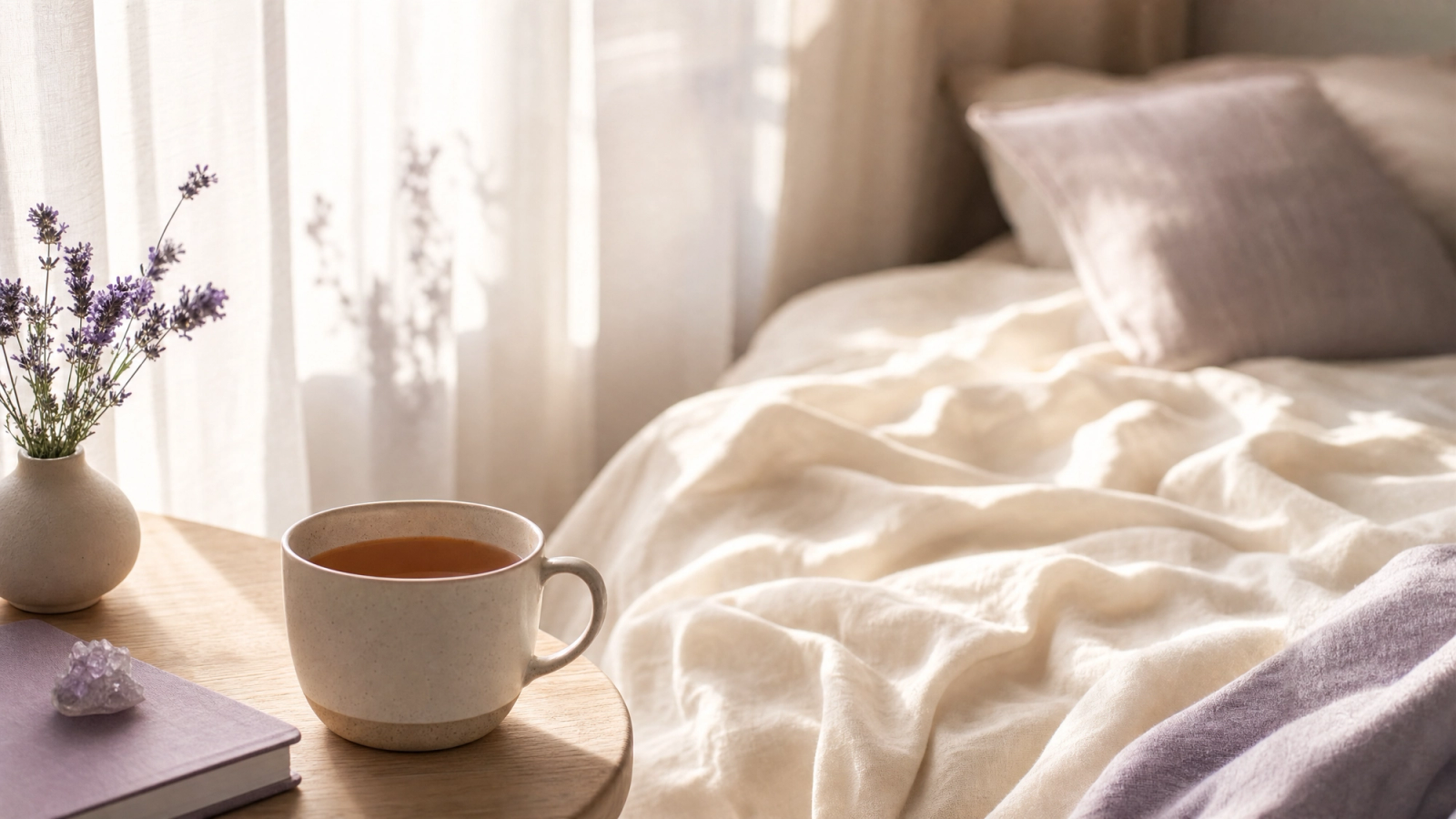 A cup of tea by a sunlit window with soft cream bedding, suggesting rest and morning calm