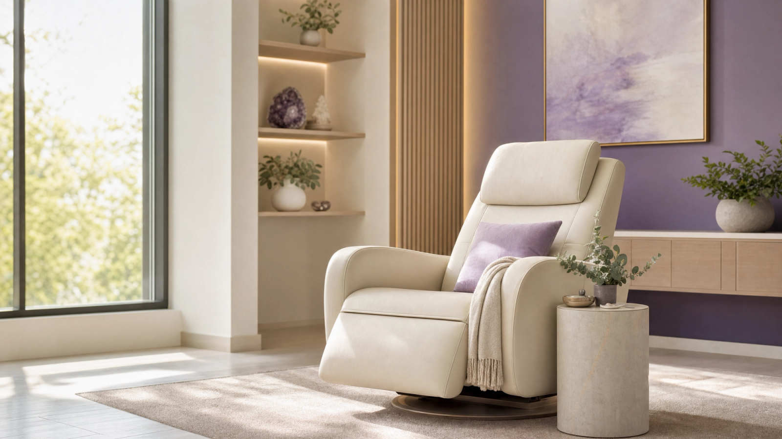 A calm, softly lit IV therapy lounge with a comfortable recliner chair in cream and violet tones