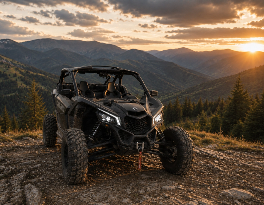Can-Am Maverick X3 на кам'янистому гребені — панорама гірських хребтів на заході