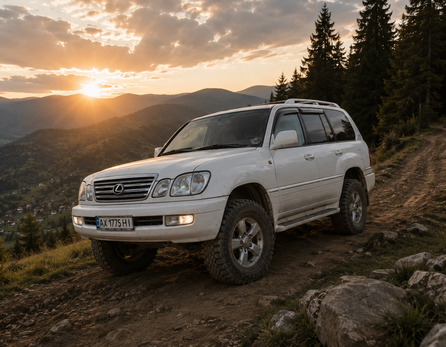 Lexus LX 470 білого кольору на ґрунтовій гірській дорозі серед смерек