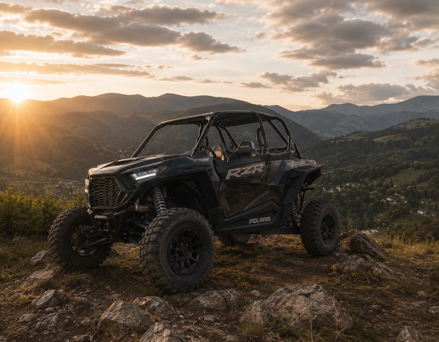 Polaris RZR XP 1000 чорного кольору на скелястому гребені над гірською долиною