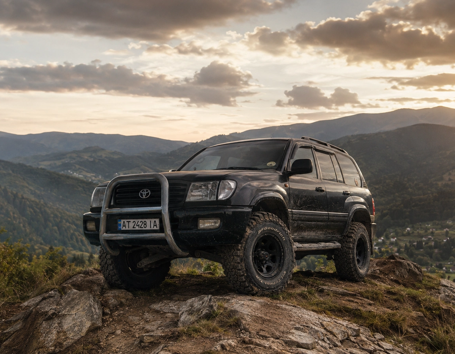 Toyota Land Cruiser 100 темного кольору на скелястому виступі над лісистою долиною