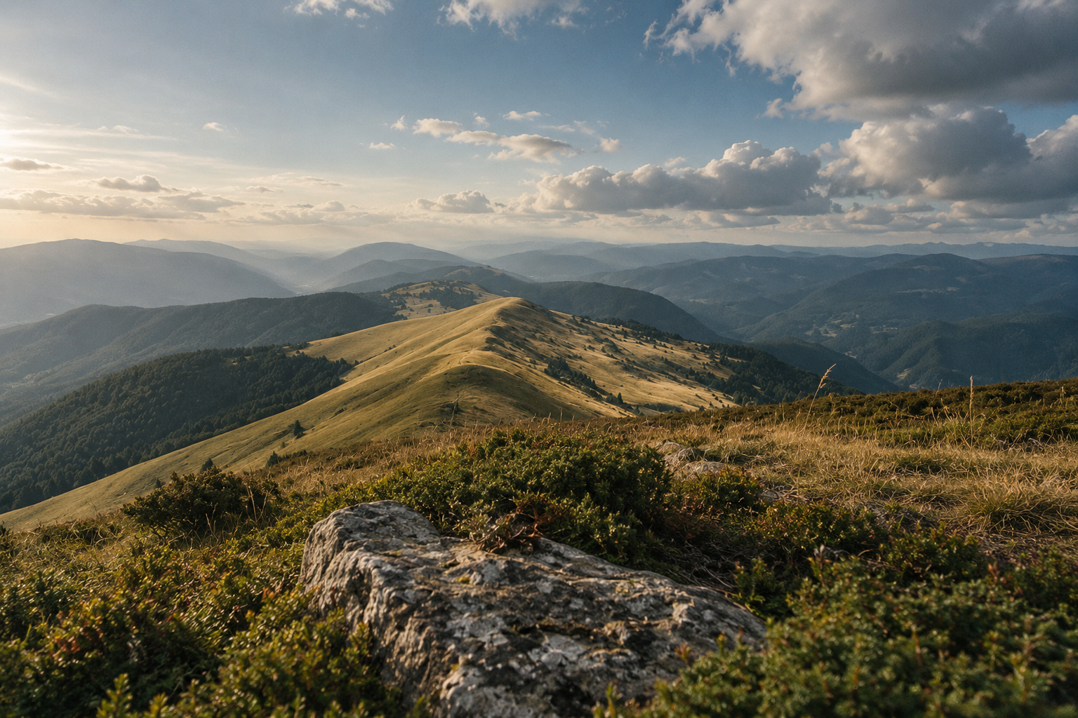 Вечірнє світло на хребті Свидовця; на передньому плані валун серед чорничника