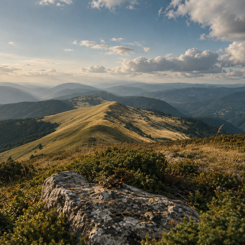 Вечірнє світло на хребті Свидовця; на передньому плані валун серед чорничника