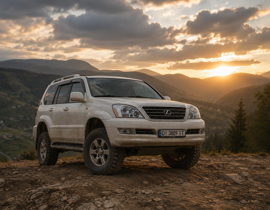 Lexus LX 470 бежевого кольору на кам'янистому гребені — сонце сідає за гори