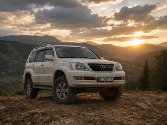 Lexus LX 470 бежевого кольору на кам'янистому гребені — сонце сідає за гори
