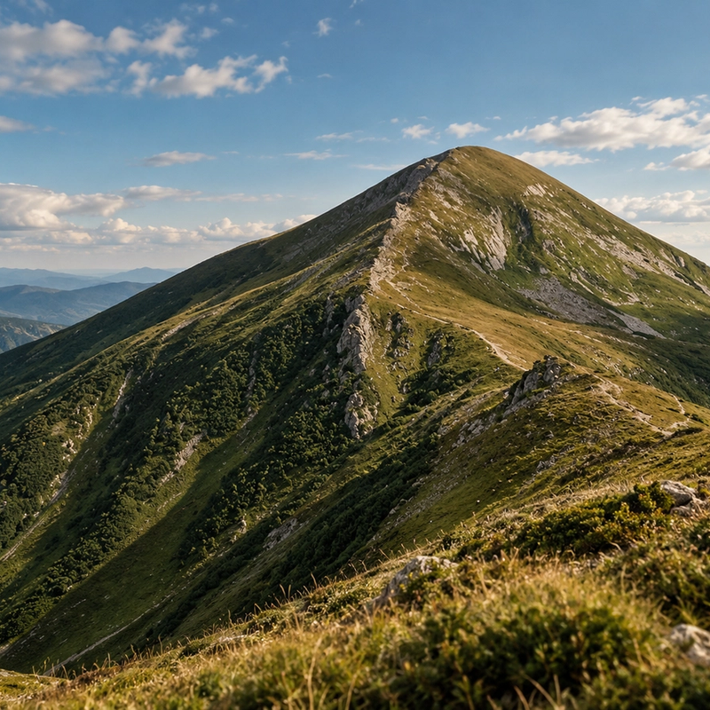 Скелястий гребінь, що веде до вершини Говерли, і зелені схили Чорногори обабіч