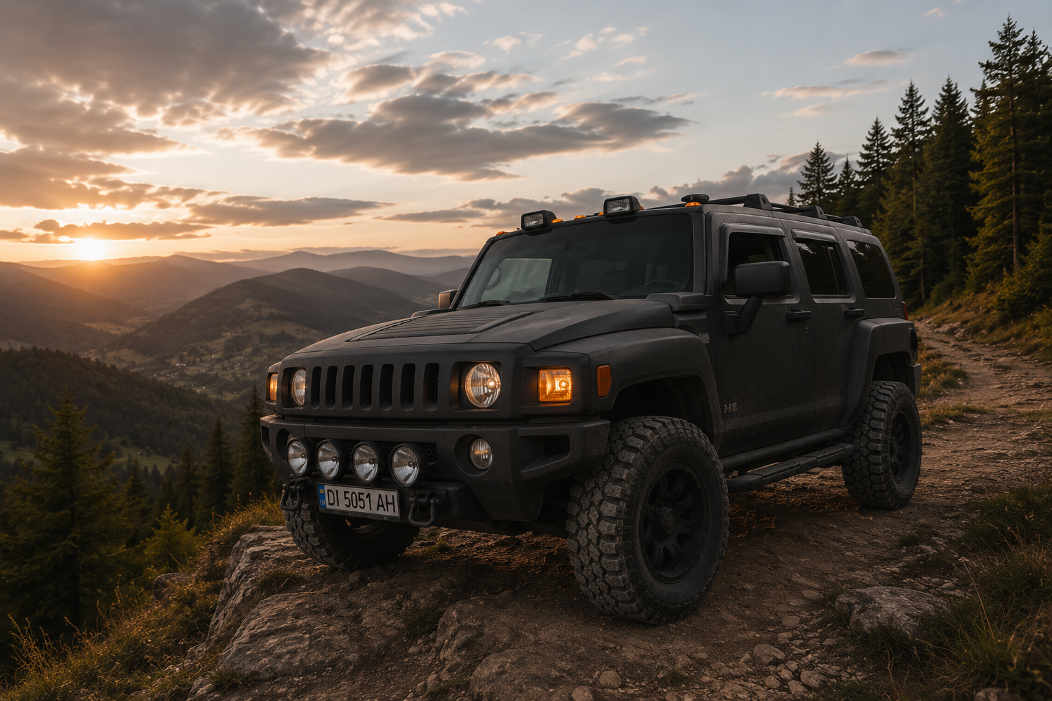 Hummer H3 чорного кольору на кам'янистій гірській дорозі — захід сонця над хребтами