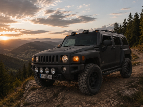 Hummer H3 чорного кольору на кам'янистій гірській дорозі — захід сонця над хребтами