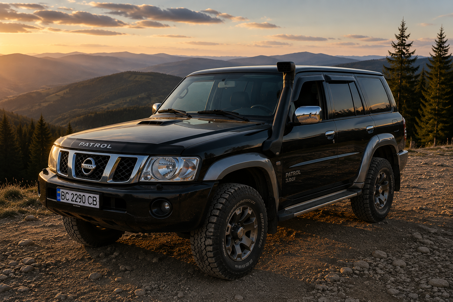 Nissan Patrol чорного кольору зі шноркелем на гравійній дорозі високо в горах