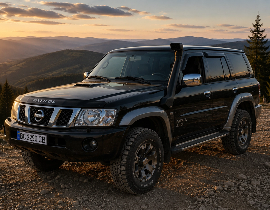 Nissan Patrol чорного кольору зі шноркелем на гравійній дорозі високо в горах
