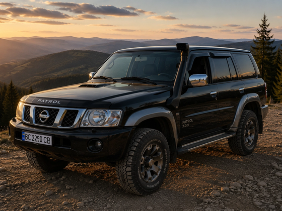 Nissan Patrol чорного кольору зі шноркелем на гравійній дорозі високо в горах