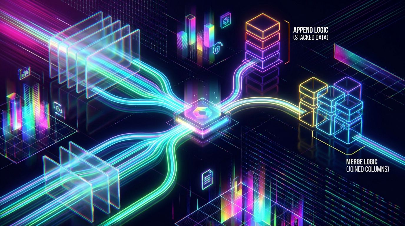 Neon data streams flow into a node, splitting into stacked cubes (Append Logic) and joined cubes (Merge Logic).