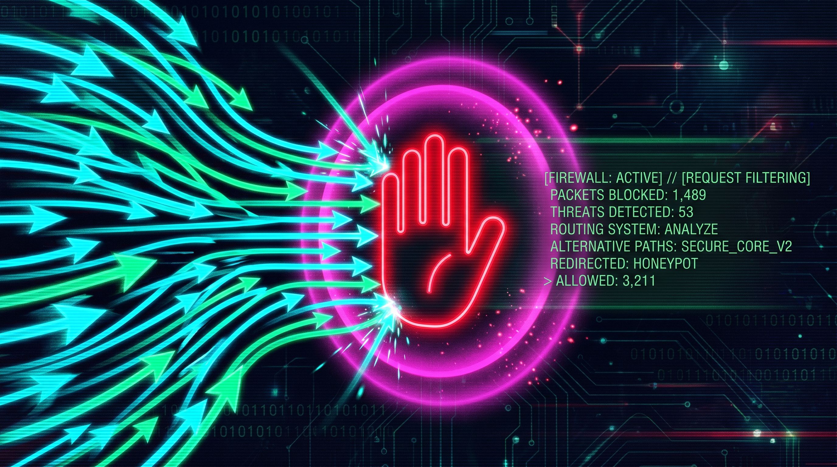 Digital firewall graphic showing glowing arrows blocked by a neon hand symbol with data status text.