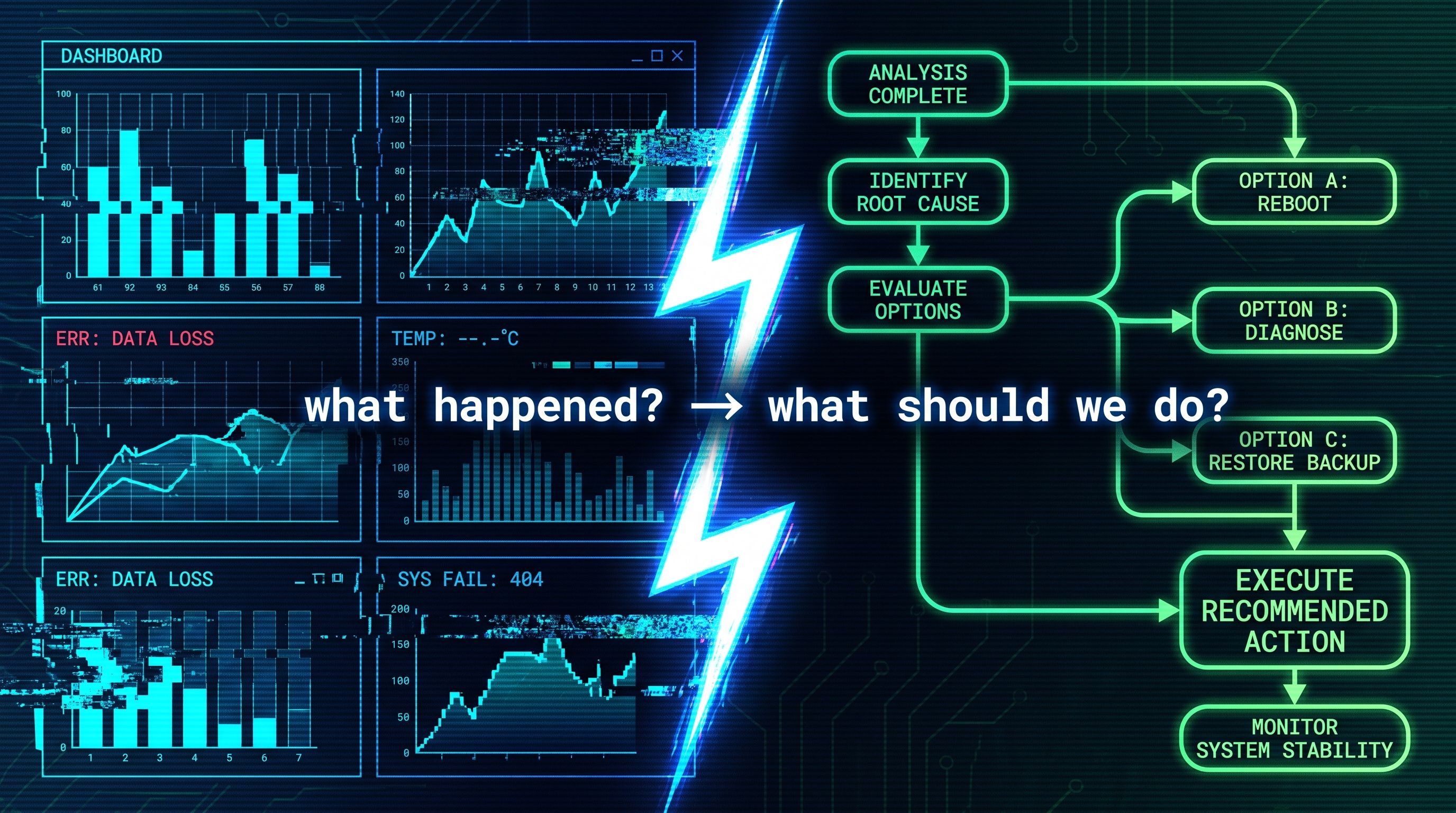 Glitching dashboard charts on left side transform via glowing arrow into clean decision nodes on right, with neon text overlay.