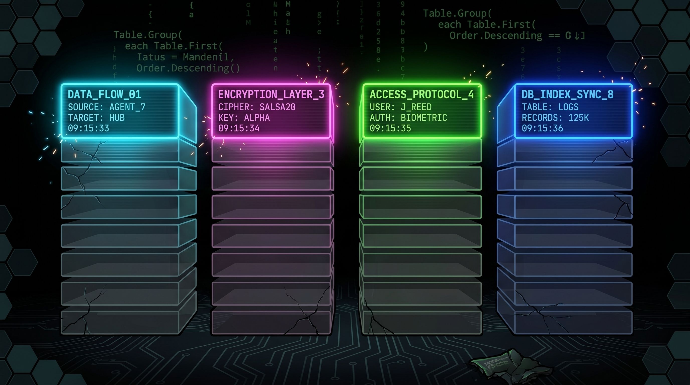Four glowing, digital data stacks labeled with Power Query code snippets on a dark, circuit-patterned background.