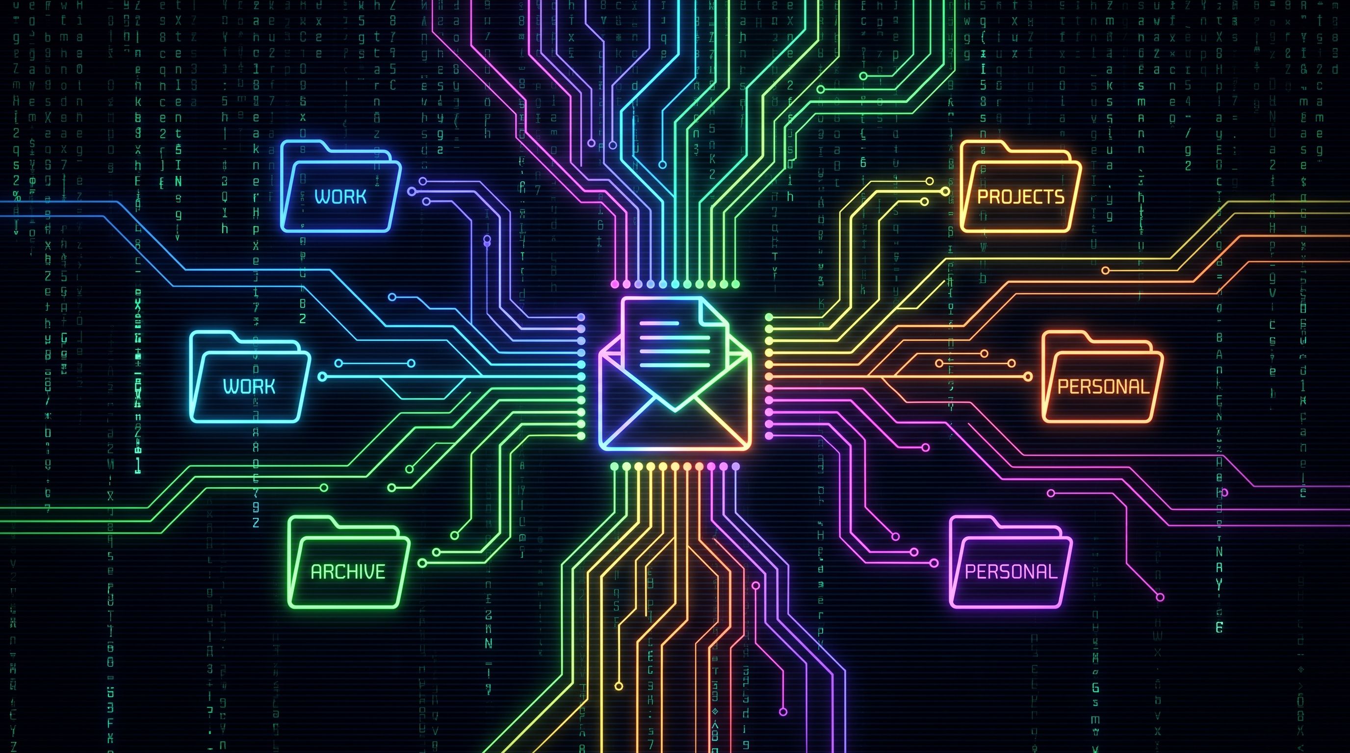 Glowing envelope with attachment splits into neon rainbow circuit lines branching toward folder icons on a dark background.