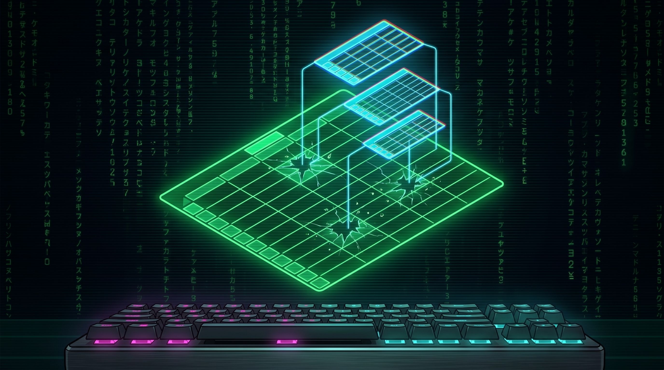 A digital, glowing green grid with three floating data panels above it, set against a dark background of vertical code and a keyboard.