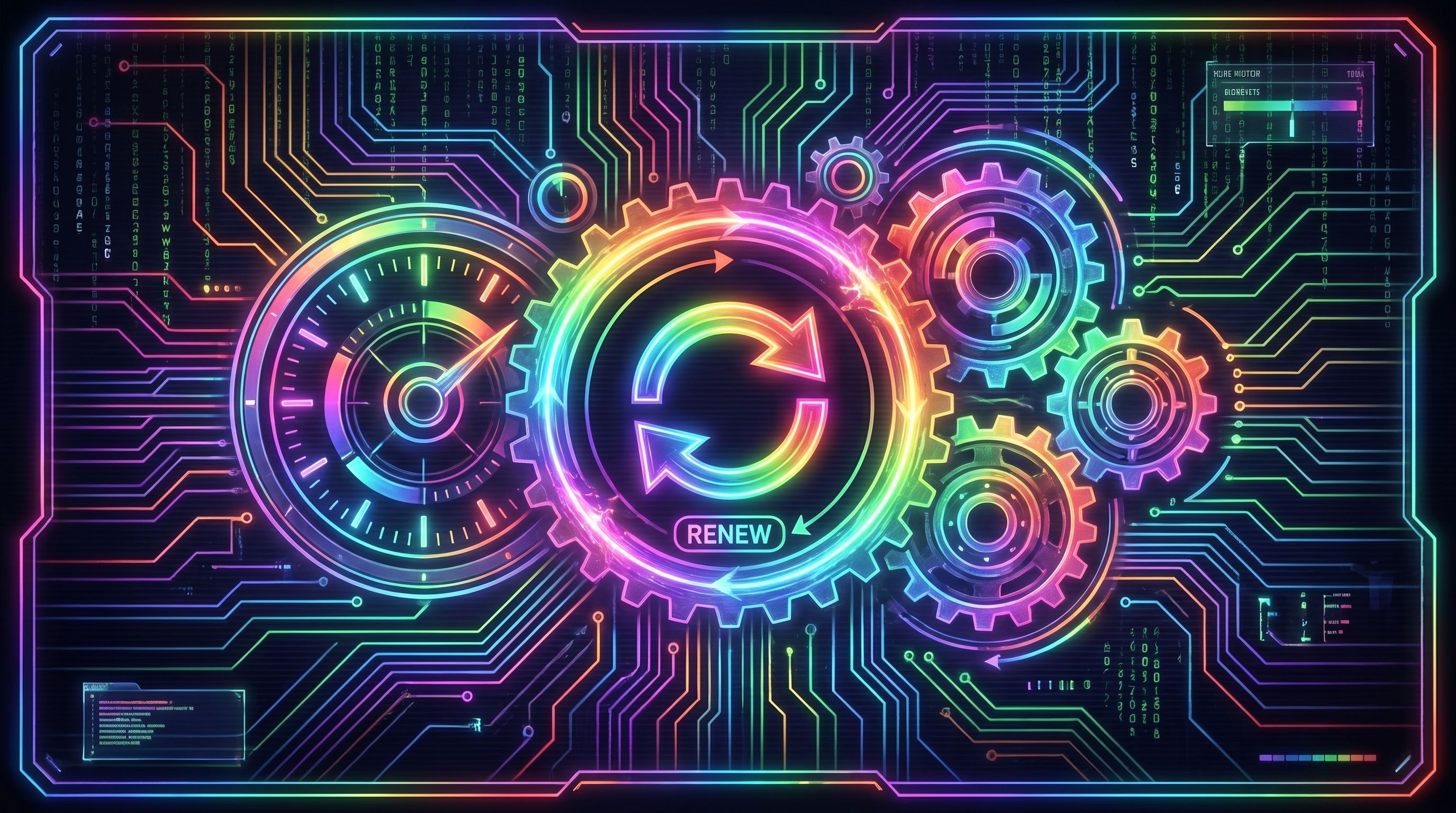 A glowing neon refresh loop labeled RENEW spins between a gauge dial and interlocking gears on a dark circuit board.