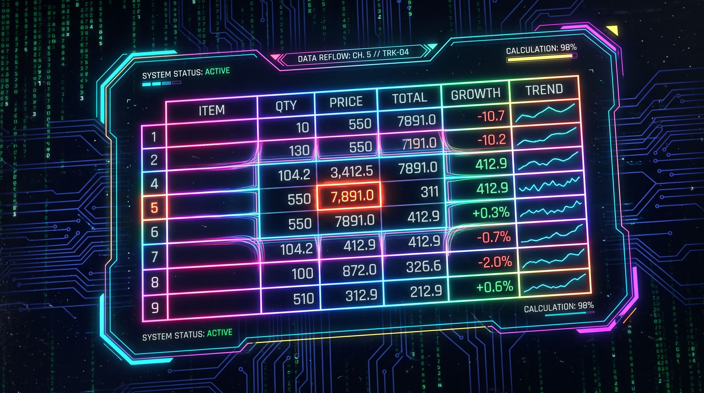 A glowing neon spreadsheet dashboard with reflowing rows, growth percentages, and trend sparklines on a dark HUD grid.