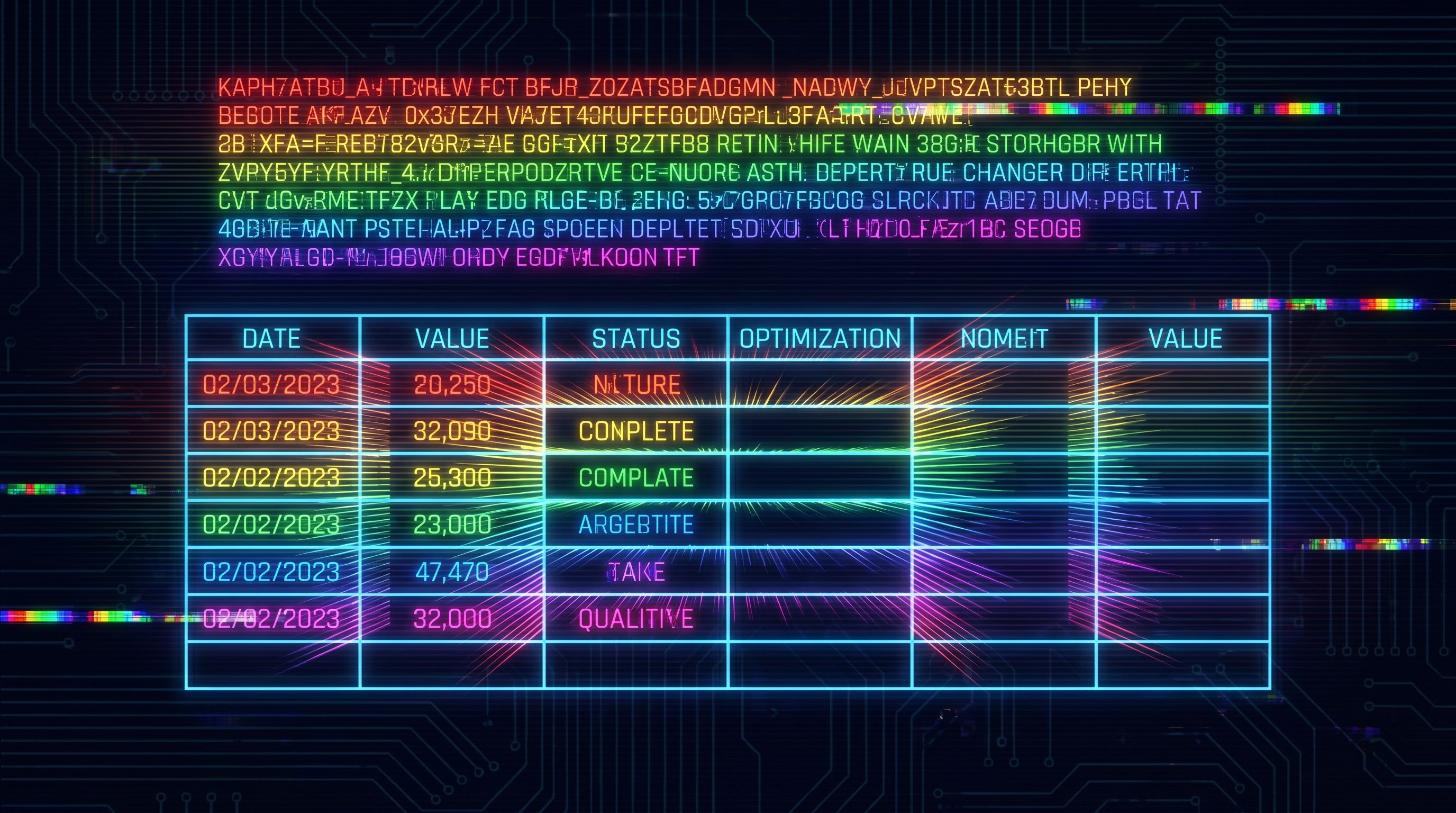 A luminous multicolour spreadsheet table glows on a dark circuit-board background beneath rows of scrambled neon code.
