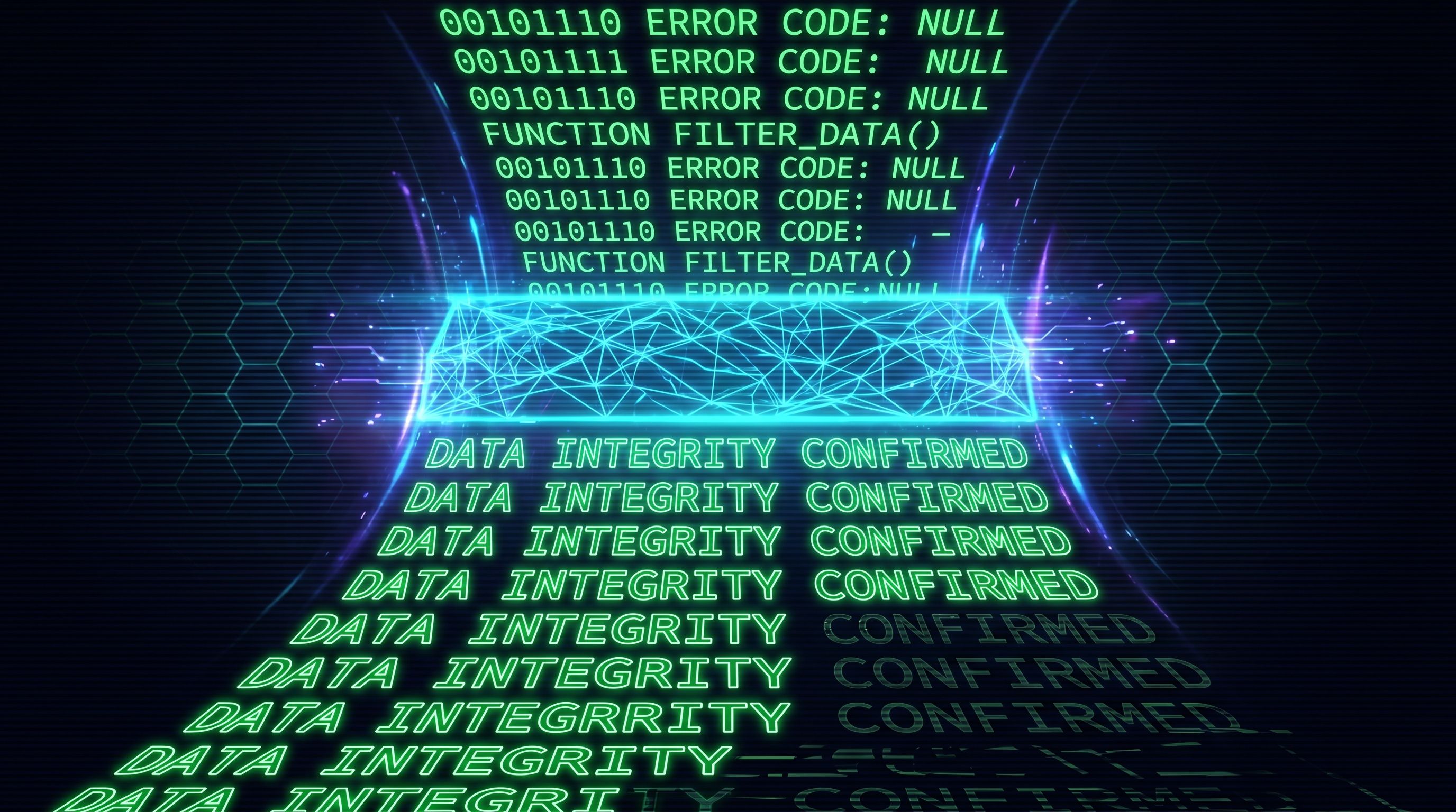 Digital visualization of data processing with glowing binary code, function calls, and rows of text reading DATA INTEGRITY CONFIRMED.