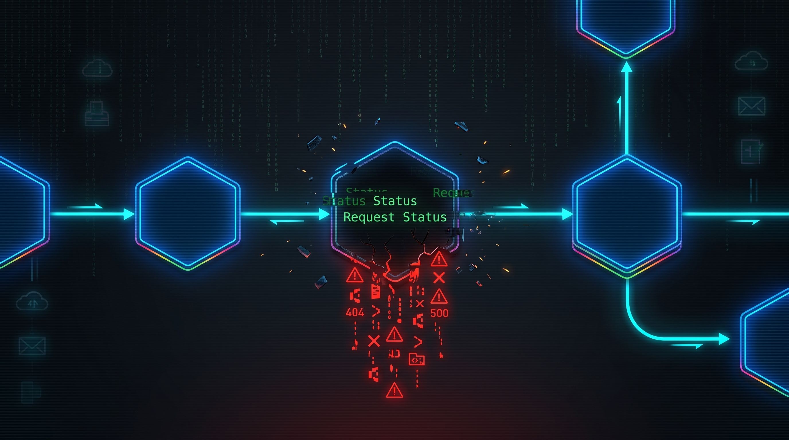 A fractured glowing blue hexagon displays error icons and codes, centered in a digital flow chart representing a system failure.