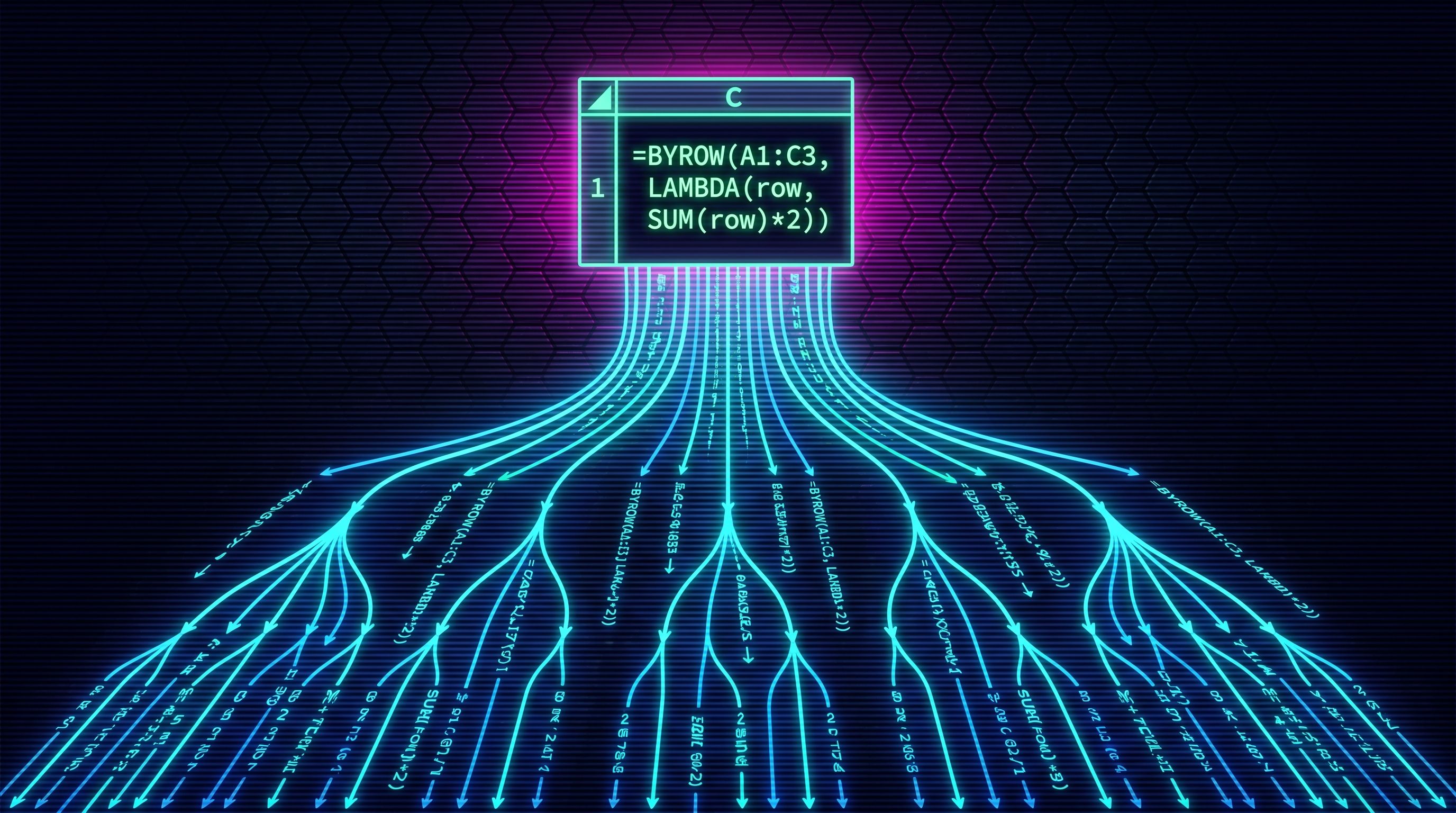 A neon digital spreadsheet cell with a BYROW LAMBDA formula branching into a network of glowing data streams.
