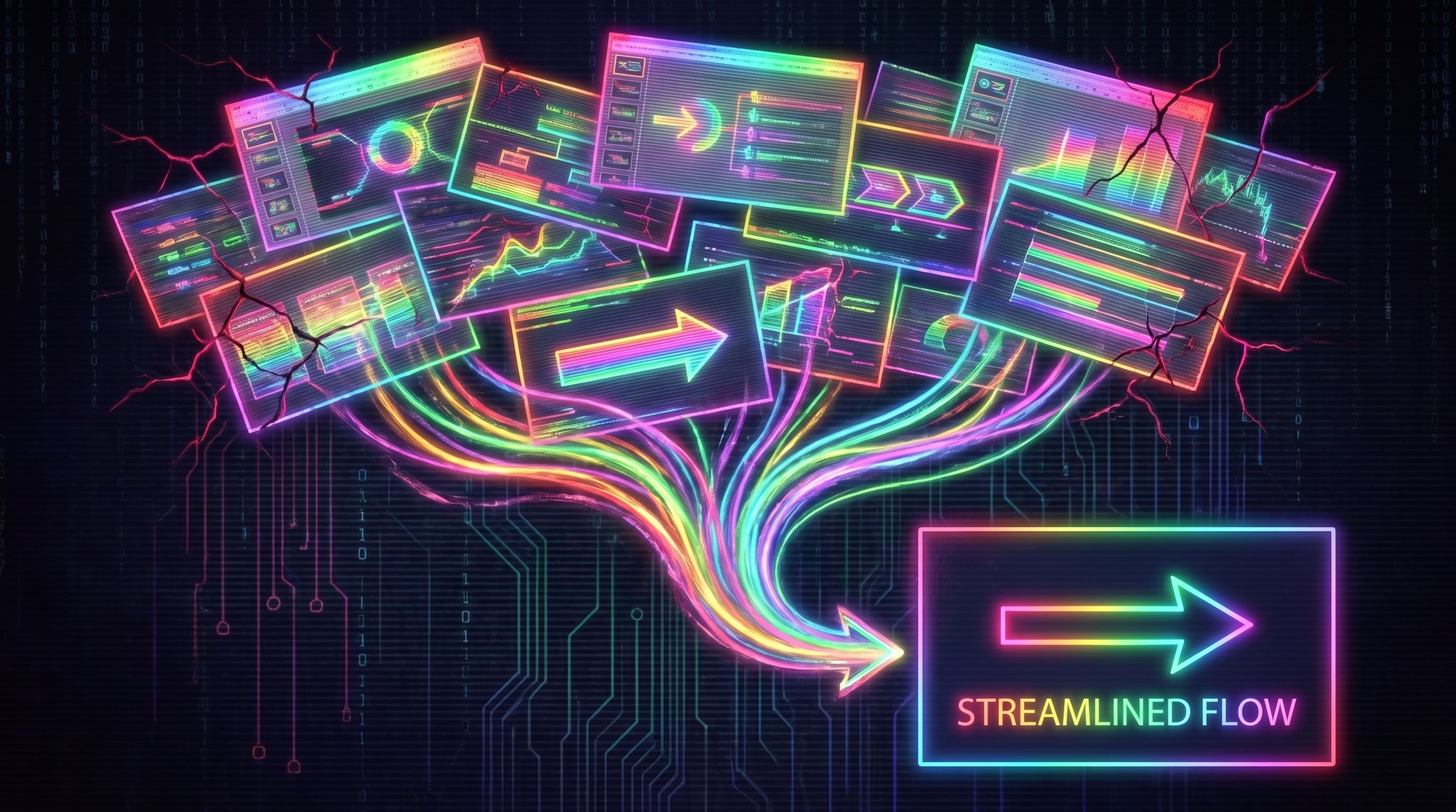 Dozens of glowing, cracked slide panels funnel through neon lines into a small box labeled Streamlined Flow.